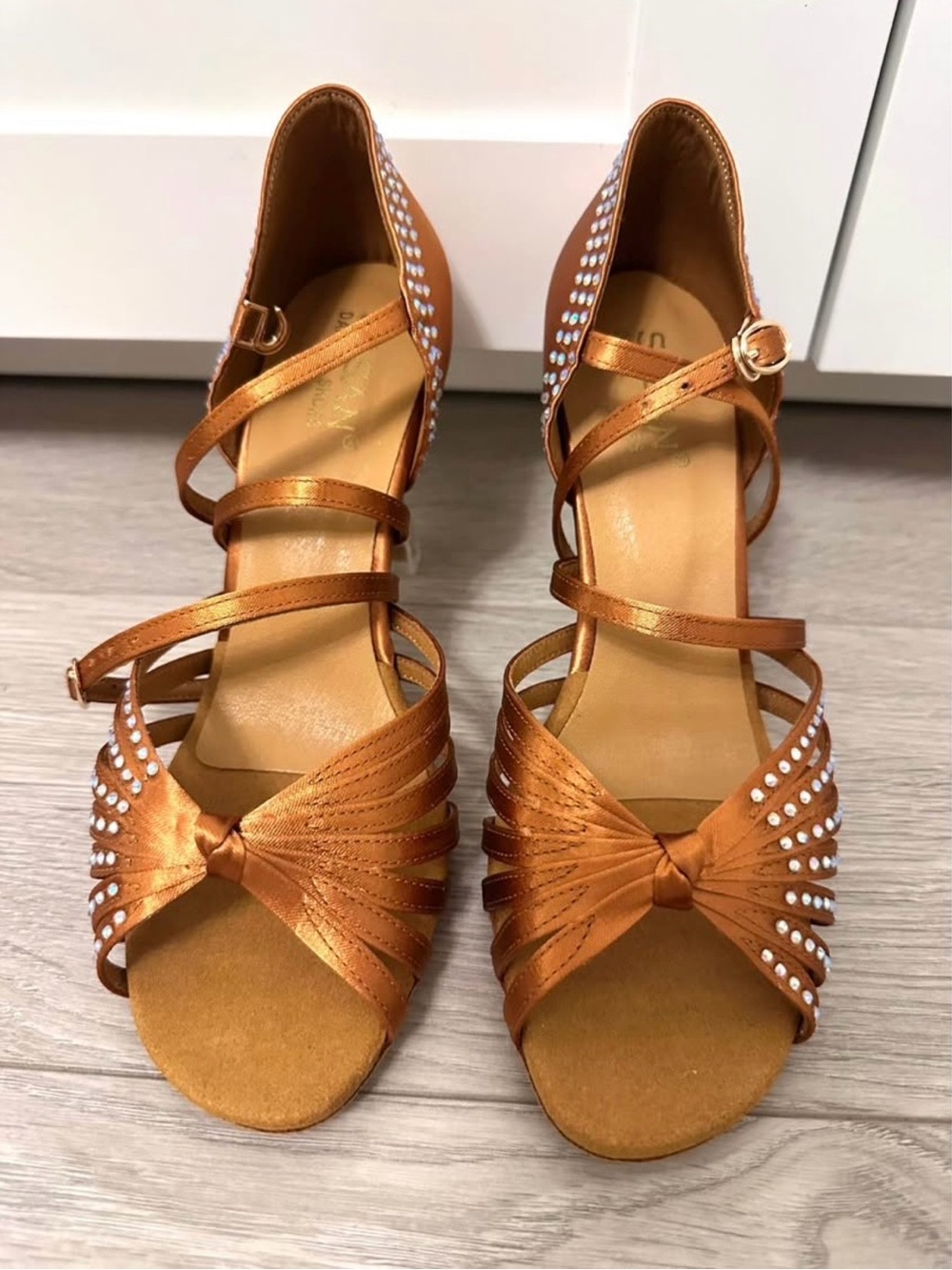Women’s satin Latin or ballroom dance shoes with crystal rhinestones and leather